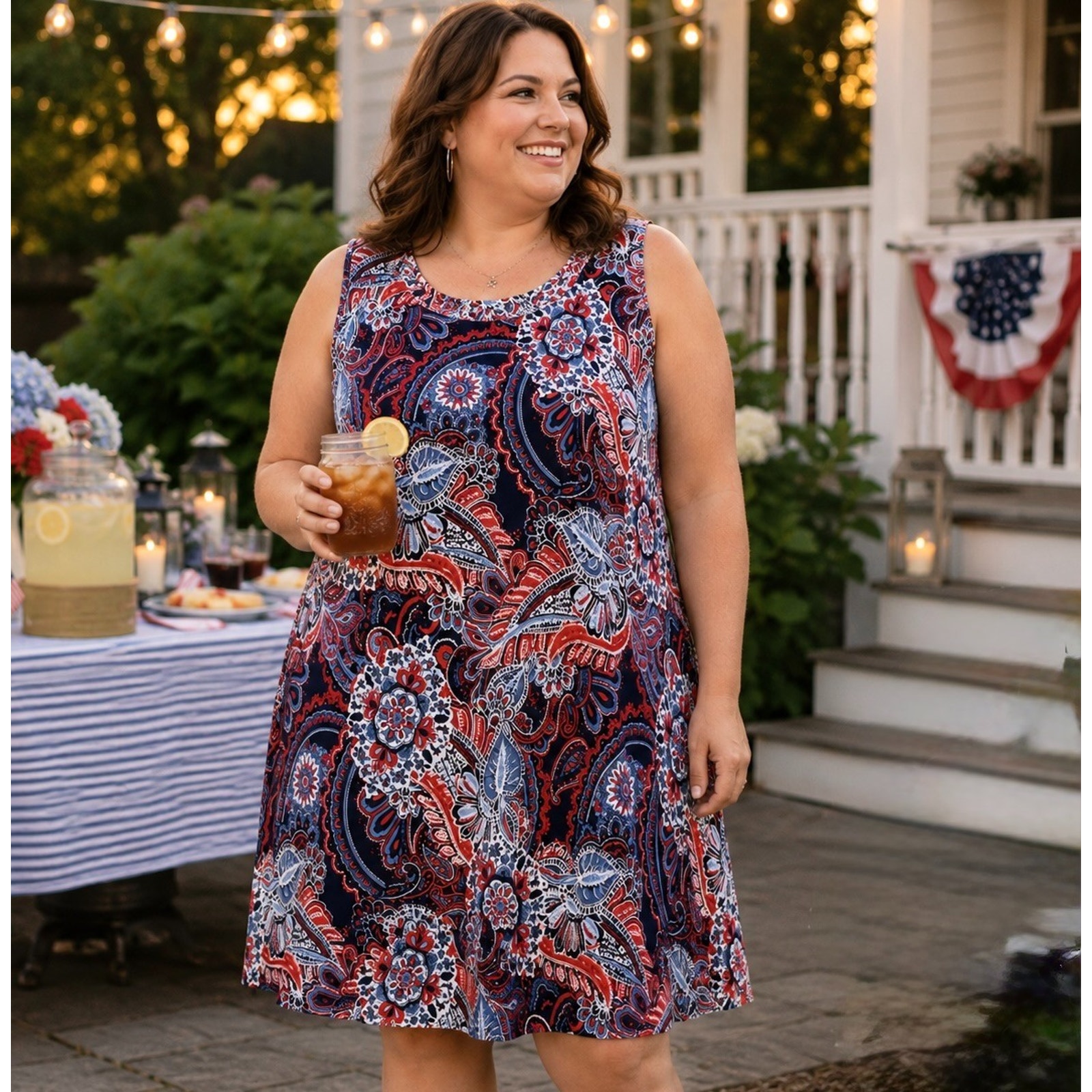 Agb 3x Sleeveless Paisley Shift Dress Nwt Red White Blue Knee Length Plus Size
